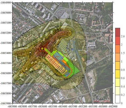 Izolinie příspěvků průměrných ročních imisních koncentrací PM10 se stupnicí